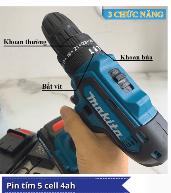 Máy Khoan Đầu kẹp 10MM Dùng pin 36V Makiita. Tặng kèm bộ phụ kiện 24 chi tiết