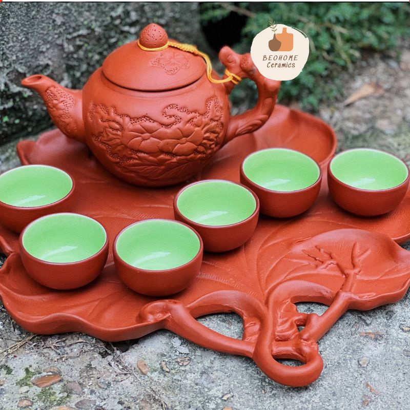 Bộ ấm chén tử sa Bát Tràng ấm tử sa cao cấp kèm khay lá đắp thủ công tinh xảo
