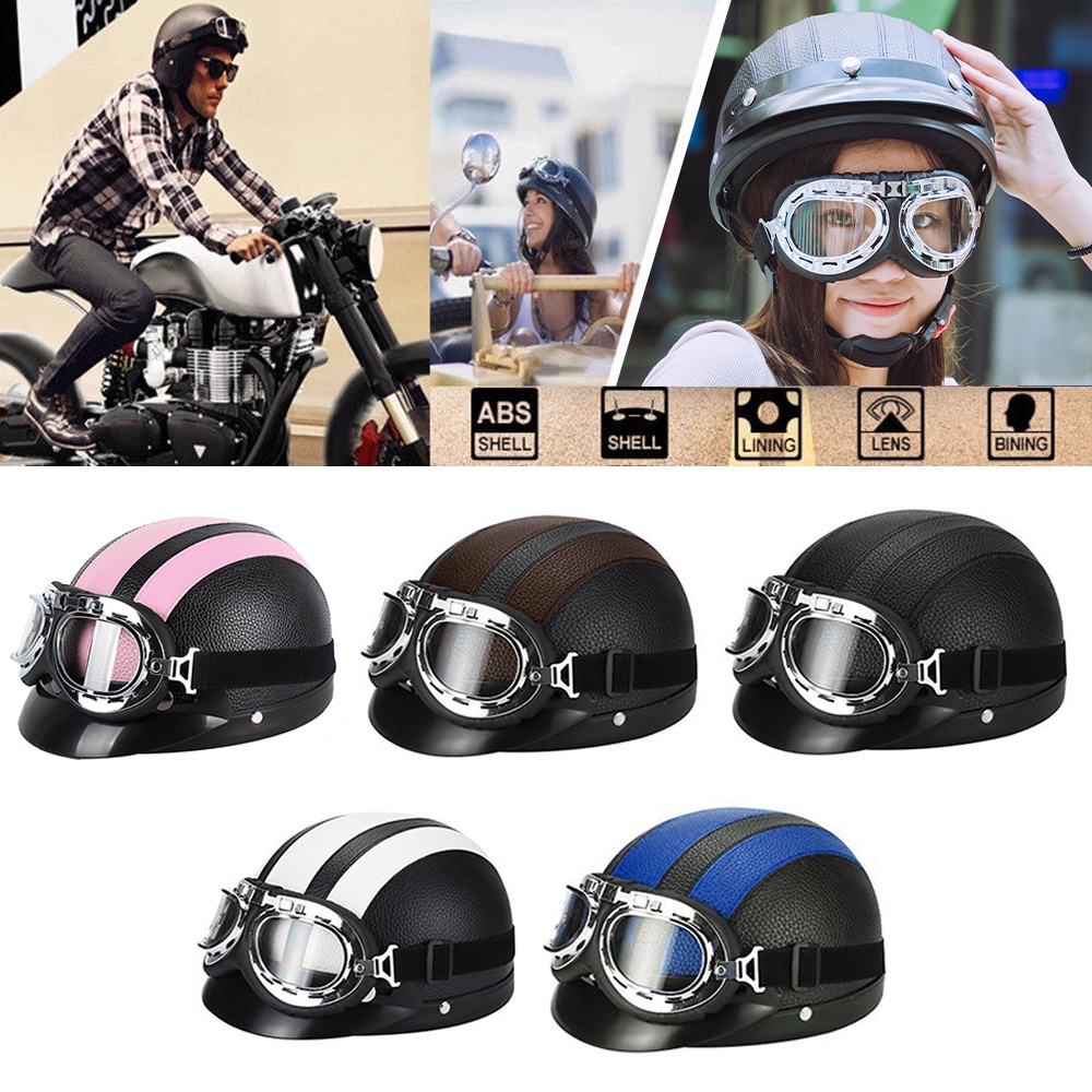 Mũ bảo hiểm xe mô tô / xe điện Harley Mũ bảo hiểm nửa đầu Mũ bảo hiểm da có kính (mũ bảo hiểm nửa da chống va chạm)