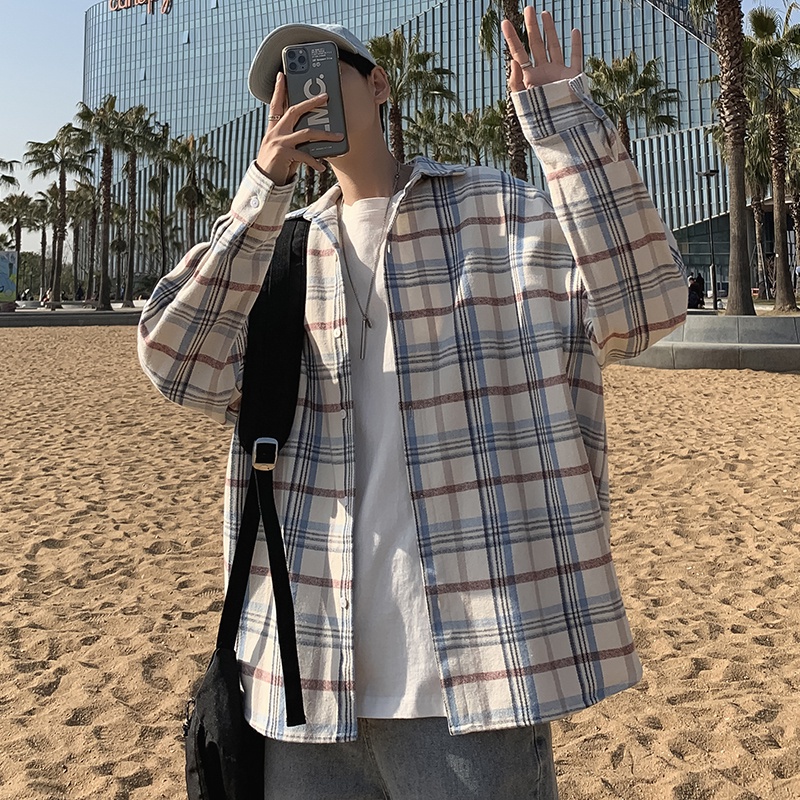 Áo Khoác Sơ Mi Vải Len Kẻ Sọc Kiểu Nhật Bản Thời Trang Xuân Thu Cho Nam