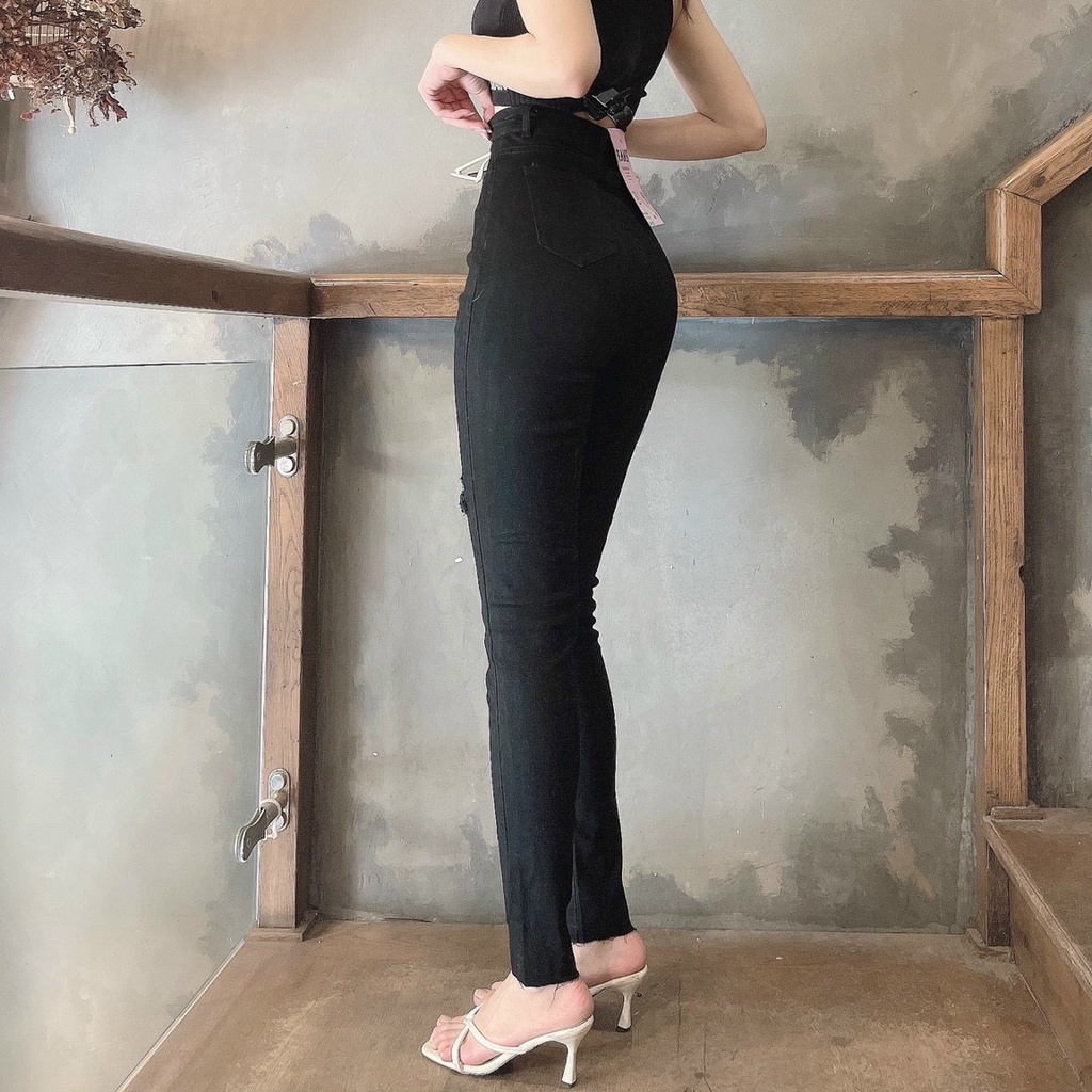 Quần jean nữ lưng cao phủ rốn rách gối form đẹp QJ394
