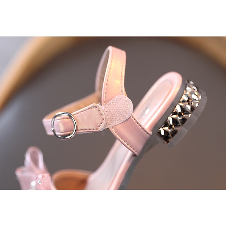 Giày sandal nơ voan đính hạt nhũ ánh kim hở mũi chân phong cách tiểu thư dịu dàng cho bé gái