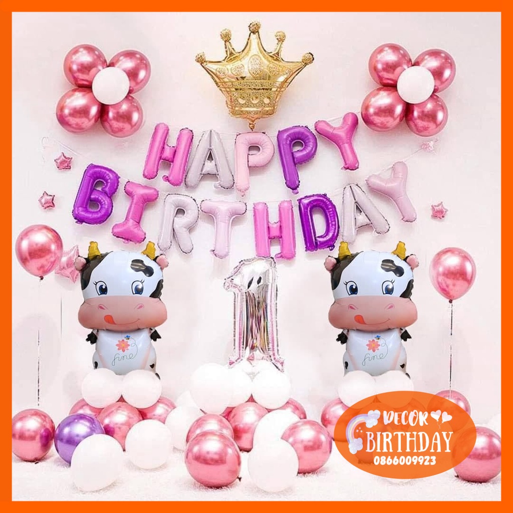 Set Trang Trí Sinh Nhật TUỔI TRÂU Cho Bé Gái, Bóng Y Hình Tặng Kèm Đồ Bơm Băng Dính Bóng