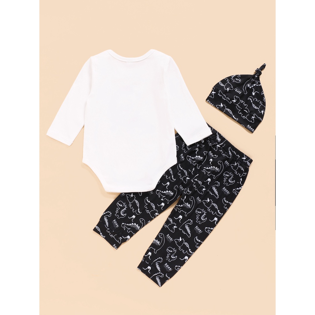 Set đồ 3 món Mikrdoo gồm áo liền quần dài tay in hình khủng long + quần dài kèm mũ cotton cho trẻ sơ sinh