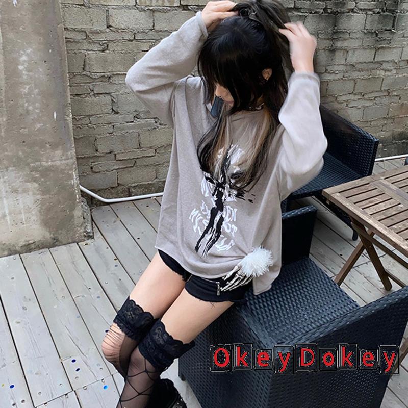 Áo Thun Tay Dài Trễ Vai In Họa Tiết ODokey-y2k Thời Trang Mùa Thu Cho Nữ