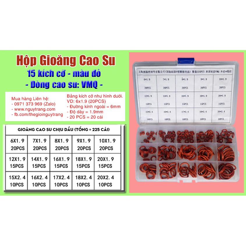 Hộp Gioăng Cao Su đỏ silicon VMQ oring 225 cái 15 kích cỡ