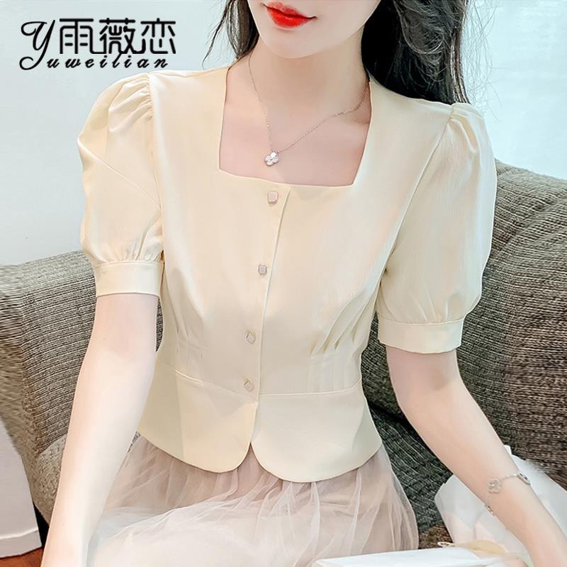 Áo Kiểu Chiffon Ngắn Tay Cổ Vuông Phong Cách Pháp