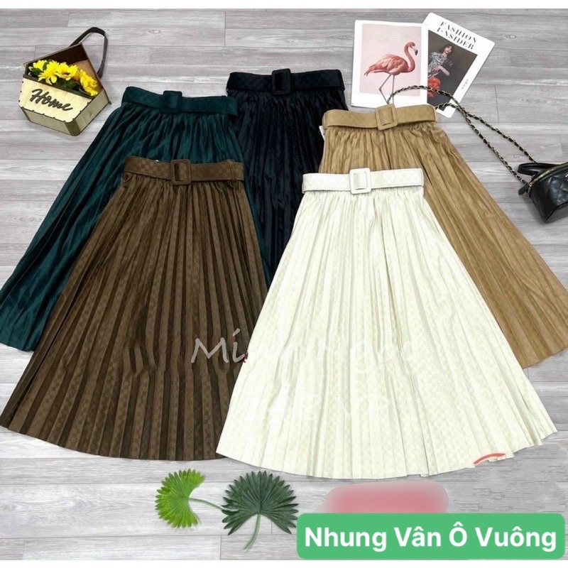 CHÂN VÁY XẾP LY NHUNG VÂN Ô VUÔNG KÈM ĐAI -hàng Quảng Châu