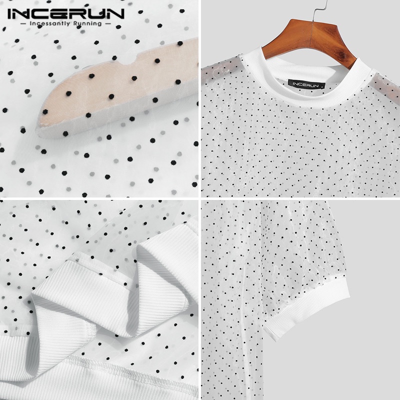 INCERUN Áo Thun Tay Lửng Xuyên Thấu Họa Tiết Chấm Bi Thời Trang Mùa Hè Cho Nam