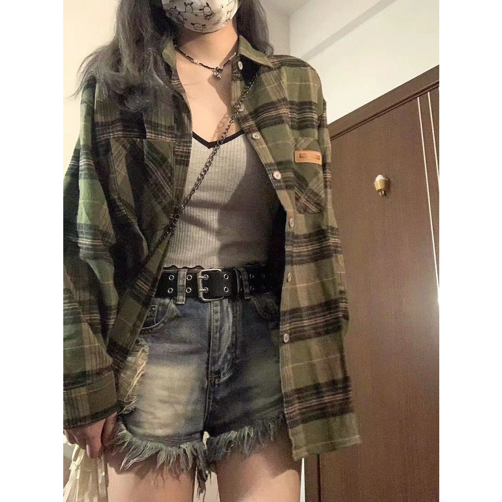 Áo sơ mi công sở nữ Áo Khoác Dáng Rộng Kẻ Sọc Caro Xanh Lá Phong Cách Mới Dễ Phối Đồ Cho Nữ Sinh