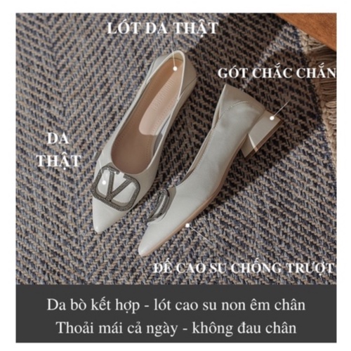 Giày cao gót nữ mũi nhọn [da thật] mềm mại, bít mũi gót vuông 3 phân đính đá s16, màu đen be trắng FFAN STORE