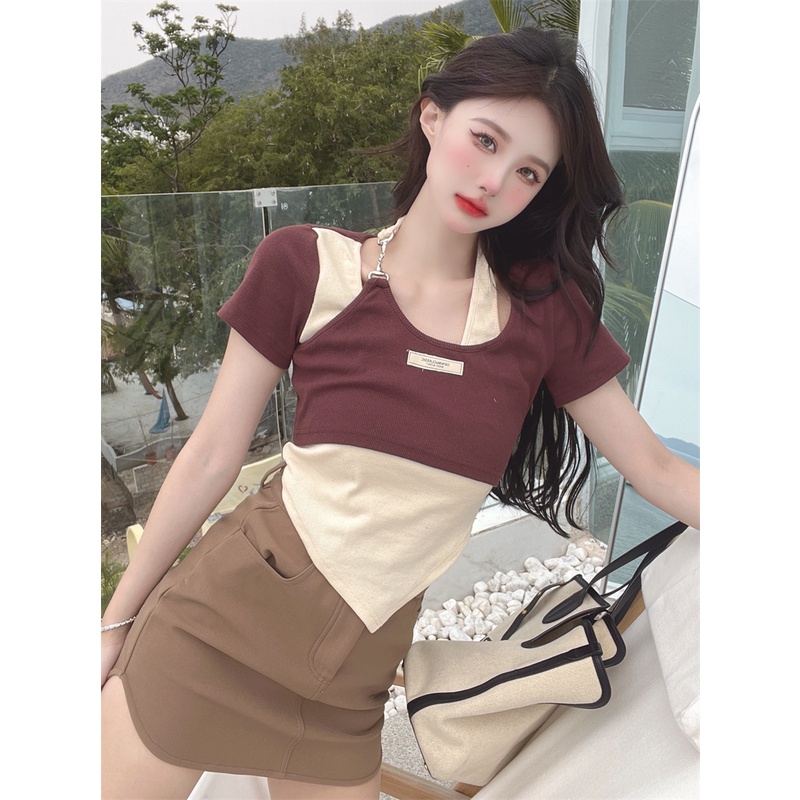 QKOOLE  Áo Thun Nữ Ngắn Tay Có Khóa Kéo Thời Trang