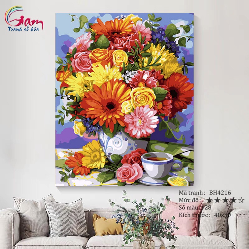 Tranh tô màu theo số Gam tĩnh vật bình hoa và tách trà BH4216