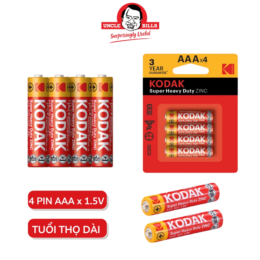 Bộ 4 Pin tiểu Kodak Alkaline AAA điện thế 1.5V Uncle Bills IB0120 chính hãng siêu bền remote TV máy lạnh đồ chơi trẻ em