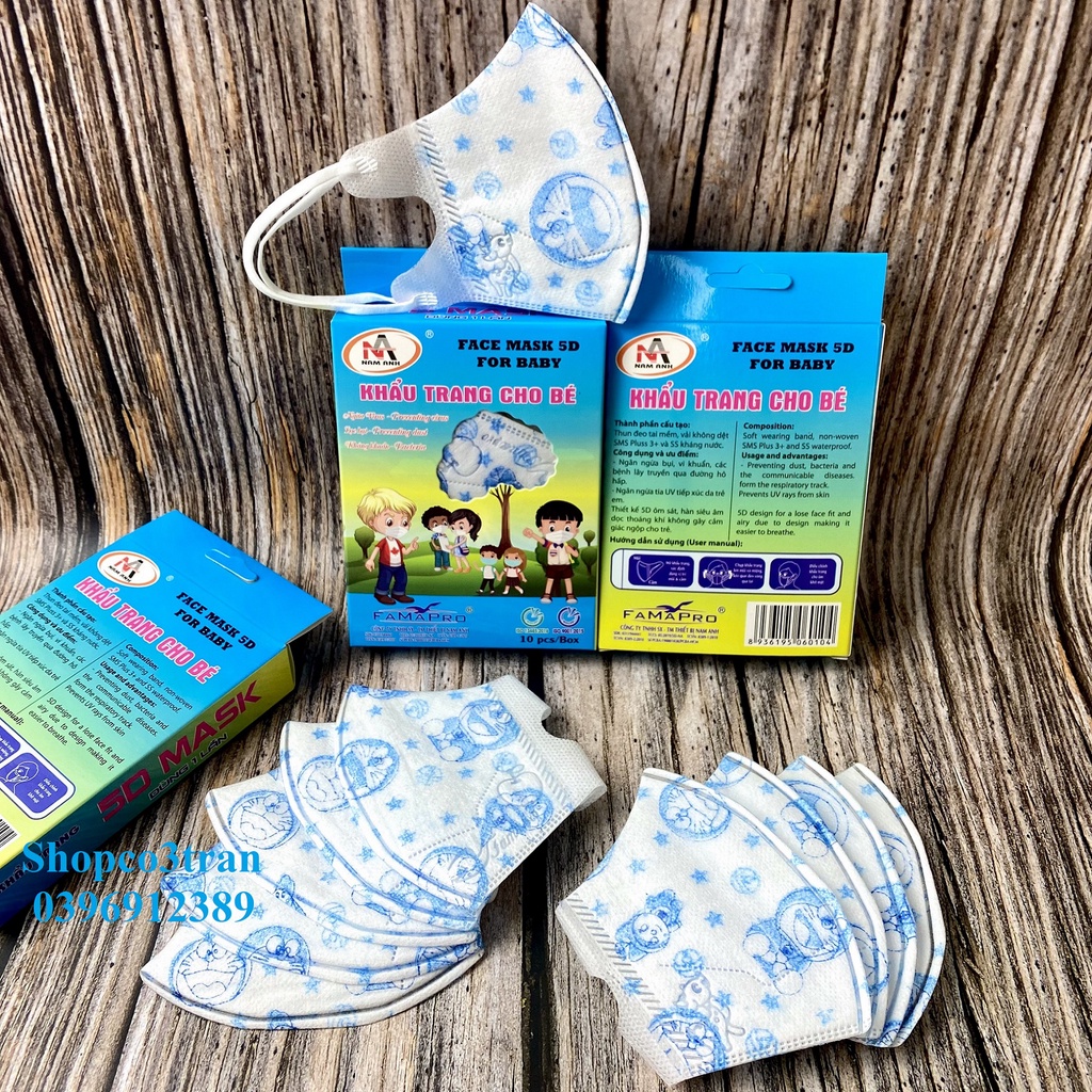 Khẩu trang cho bé FAMAPRO 5D KIDS IN HÌNH DỄ THƯƠNG Đoremon / Kitty / Gấu Trúc / Kì Lân / Vịt Donald hộp 10 cái