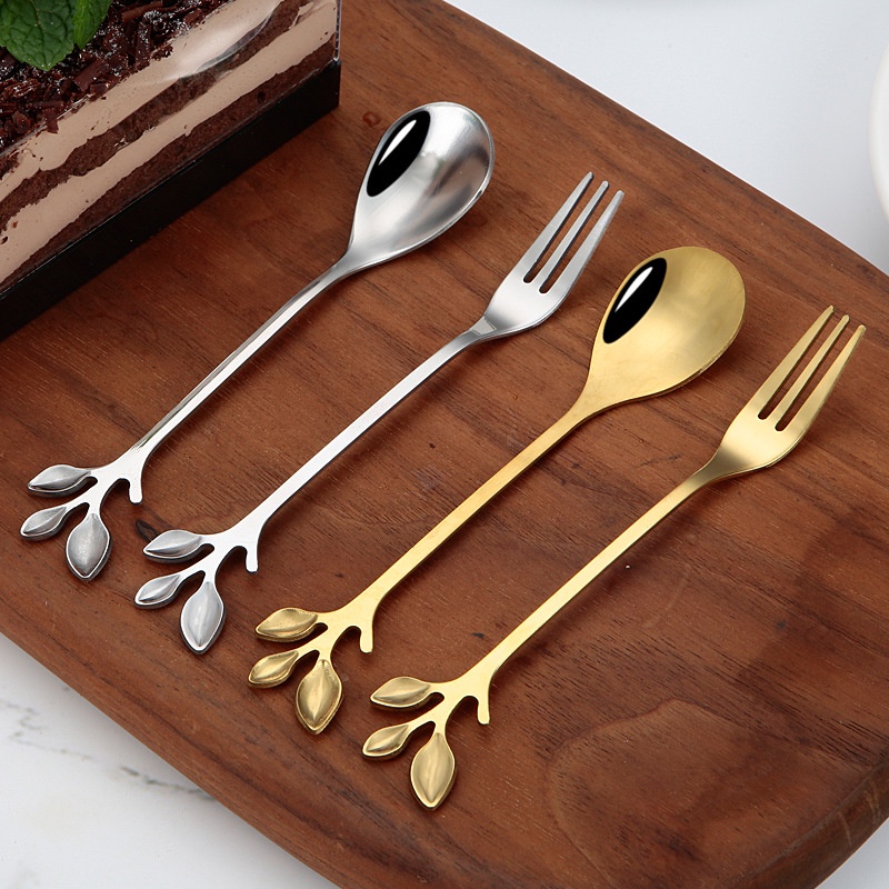 Muỗng Trà Cà Phê Lá Sáng Tạo, Thép Không Gỉ Nĩa Ăn Trái Cây Tráng Miệng Khuấy Thực Phẩm Picks, Nĩa Vàng Cổ Điển Phụ Kiện Nhà Bếp