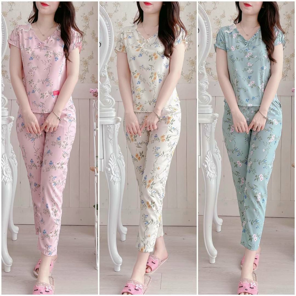 Đồ bộ nữ quần dài áo cộc họa tiết hoa xiêu xinh mặc dạo phố và mặc ở nhà, chất liệu lụa thoáng máy dễ chịu