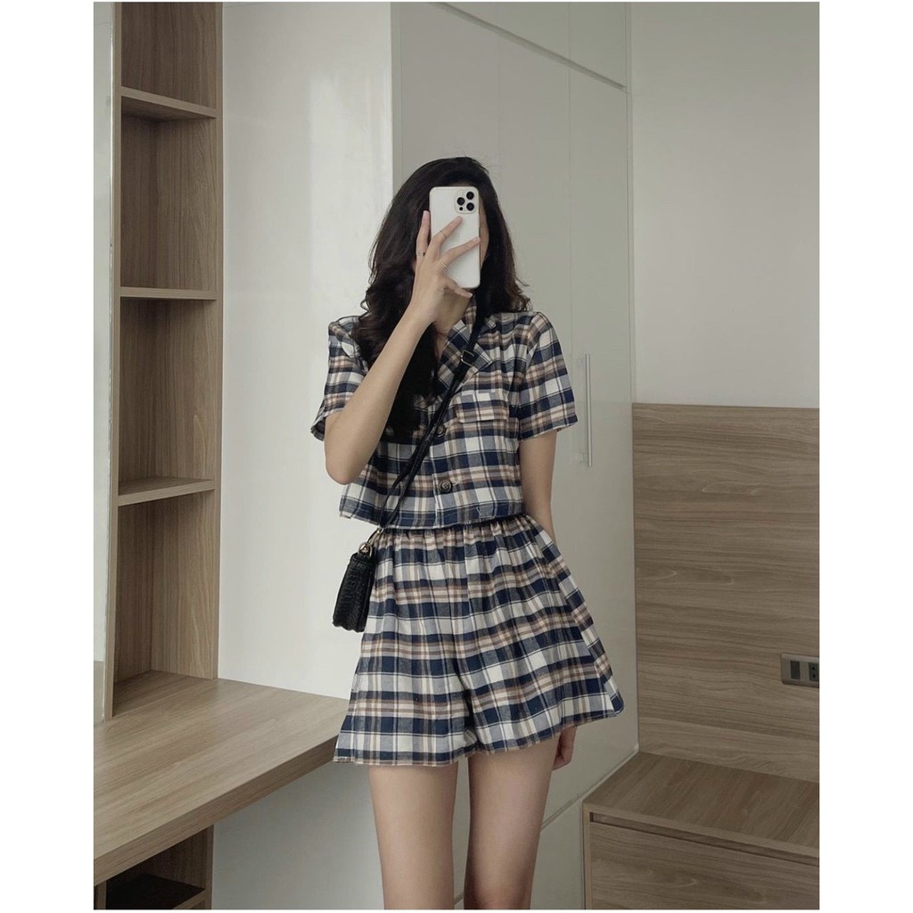 Set Kẻ Nữ Short Ống Rộng Kẻ[Ảnh Thật]