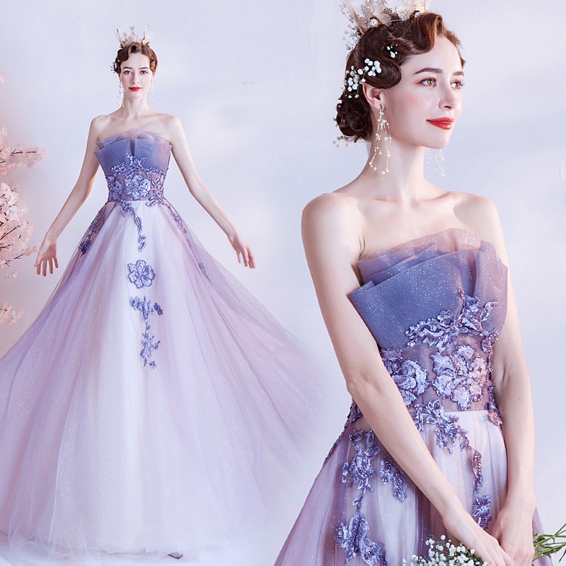 ❁❁Thiên thần váy cưới giấc mơ gradient màu tím cô dâu váy cưới bánh mì nướng bữa tối tiệc hàng năm kiểm tra nghệ thuật v