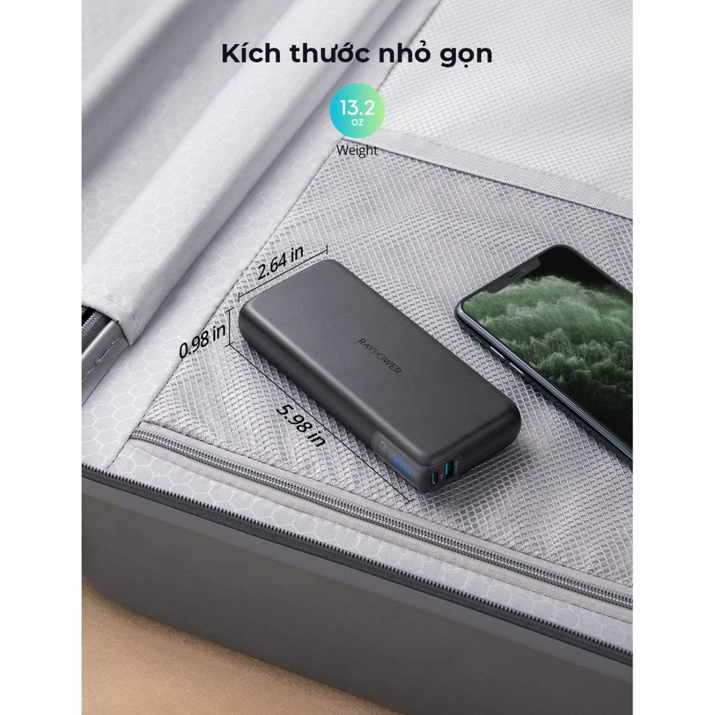 Pin sạc dự phòng RAVPOWER RP-PB201,20000mAh PD 3.0 60W &amp; QC 3.0 18W , phiên bản Quốc tế chính hãng - Bảo Hành 15 Tháng