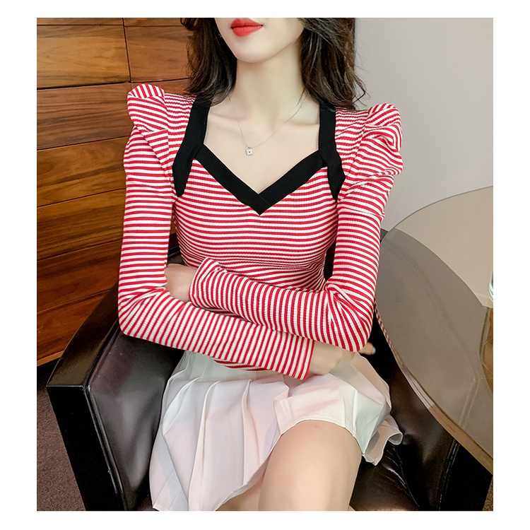 Áo len tay phồng ZHELIHANGFEI họa tiết kẻ sọc dáng ôm quyến rũ