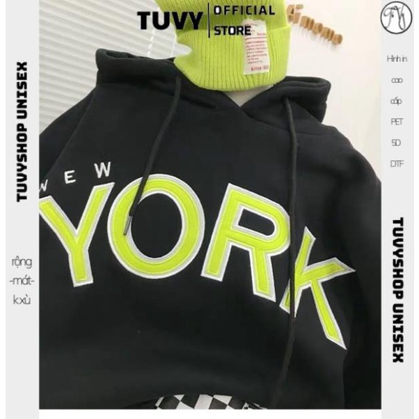 Áo Hoodie Nữ TUVY Áo Hoodie Vải Nỉ Lót Bông Dày Dặn Thêu York Unisex Form Rộng