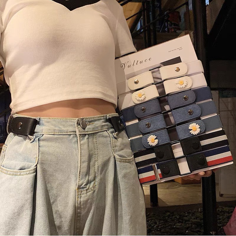Thắt lưng lười dây chun có nút Thắt lưng khuy cài bấm màu trơn điều chỉnh lưng quần Jean