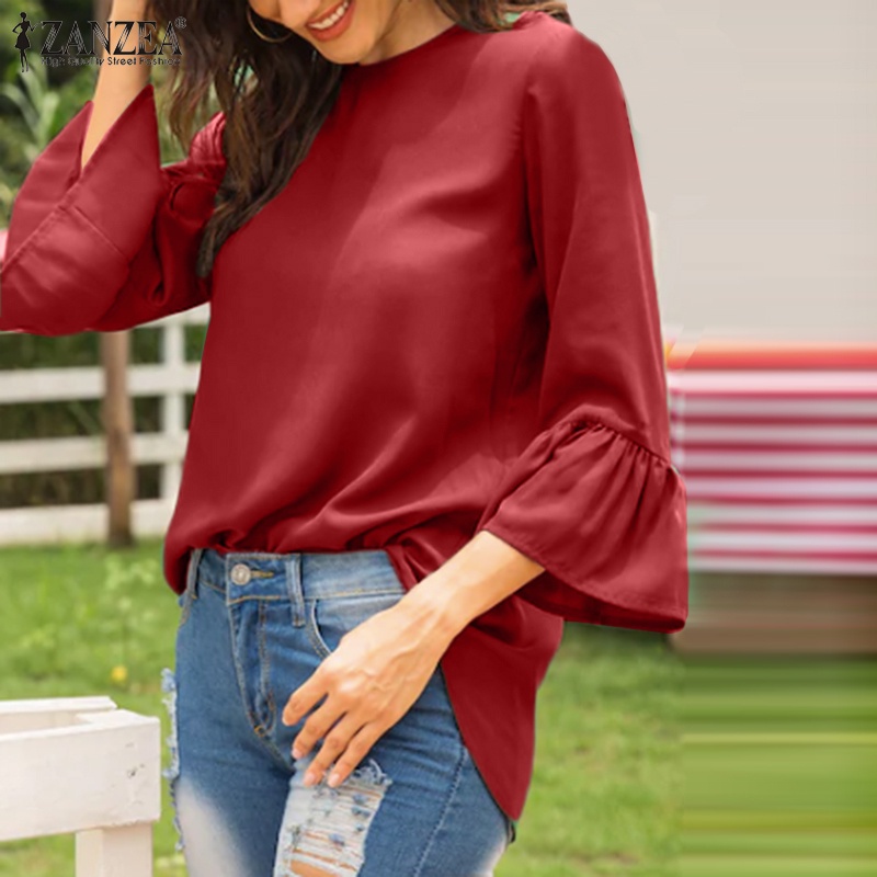 ZANZEA Áo Kiểu Tay Lỡ 3/4 Màu Trơn Thời Trang Đường Phố Châu Âu Cho Nữ