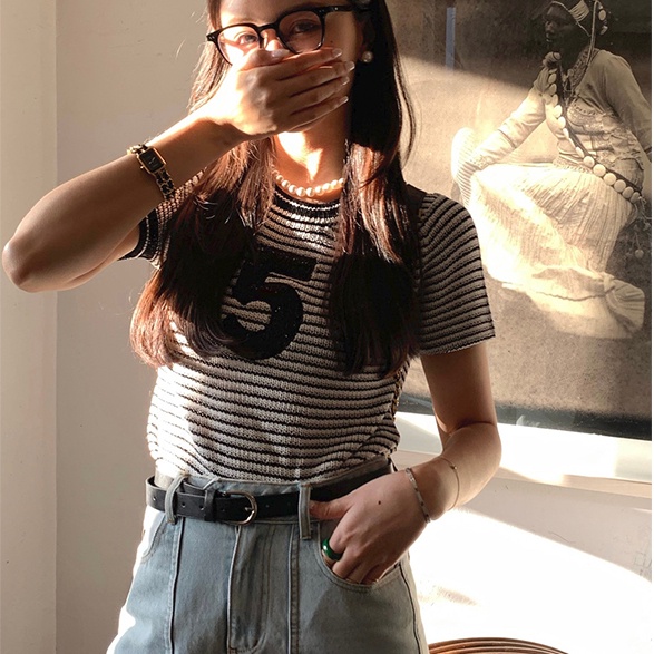 SUXI Áo Thun Ngắn Tay Cổ Tròn Dáng Rộng Họa Tiết Kẻ Sọc Đơn Giản Thời Trang Mùa Hè Cho Nữ