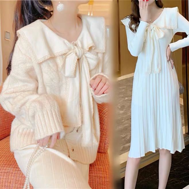 Bộ Áo Cardigan Dệt Kim Tay Dài Cổ Thủy Thủ Phối Chân Váy Thời Trang Thu Đông Cho Mẹ Bầu