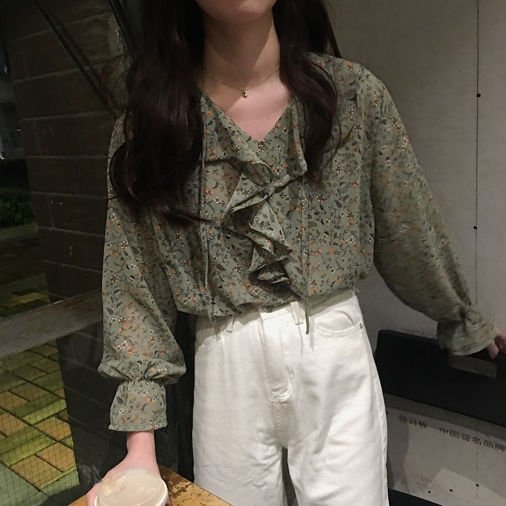 Áo sơ mi GENAISHA tay dài dáng rộng chất liệu vải voan in họa tiết thời trang cá tính cho nữ