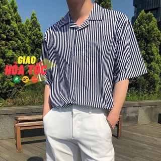 Sơ mi nam kẻ sọc xanh dương cổ Vest form rộng