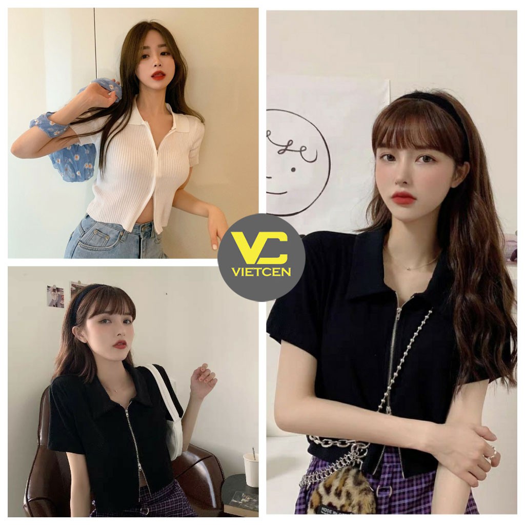 Áo polo croptop nữ ôm body khóa Ulzzang 2 màu trắng đen chất thun gân - VIETCEN