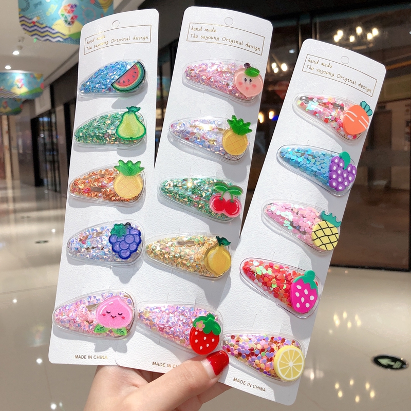 5pcs/ set Women Cute Fruit Flower Hair Clip Korean INS Popular Snap Barrette Stick Girls Quicksand BB Hairpins