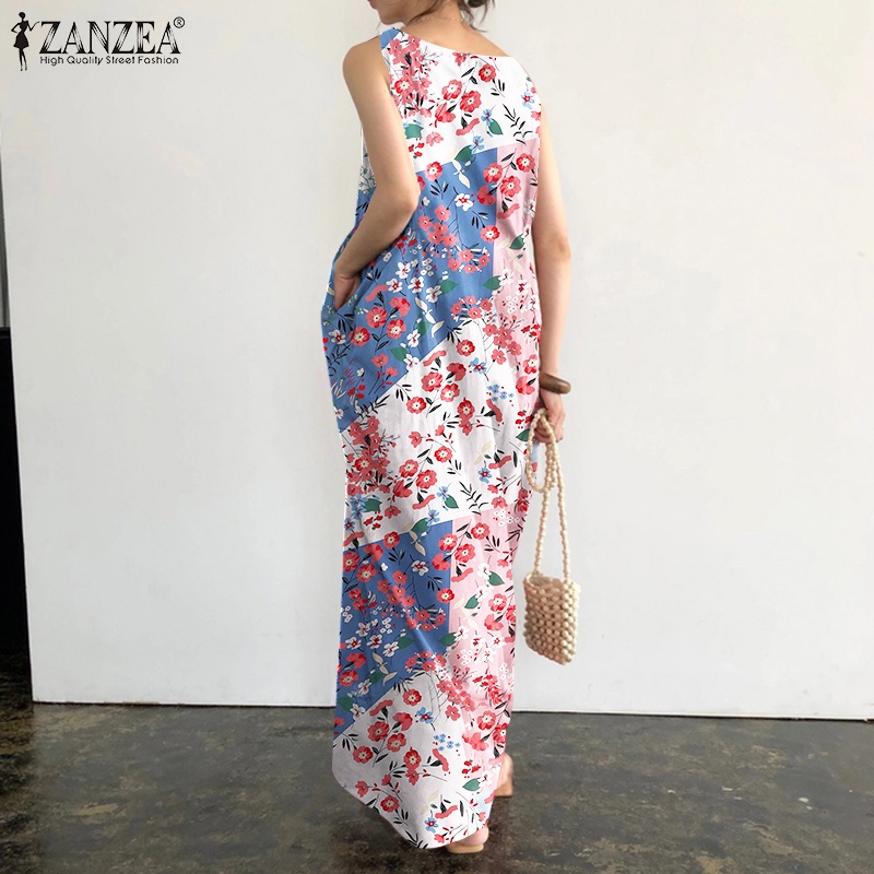 Đầm dài ZANZEA không tay cổ tròn in họa tiết hoa retro cho nữ