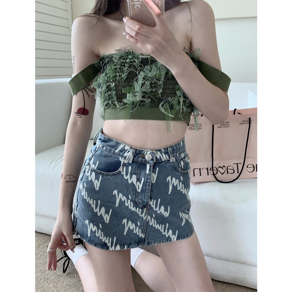 Porozi  Trang phục  chân váy jean dáng chữ A lưng cao/ áo ống thời trang Hàn Quốc dành cho nữ