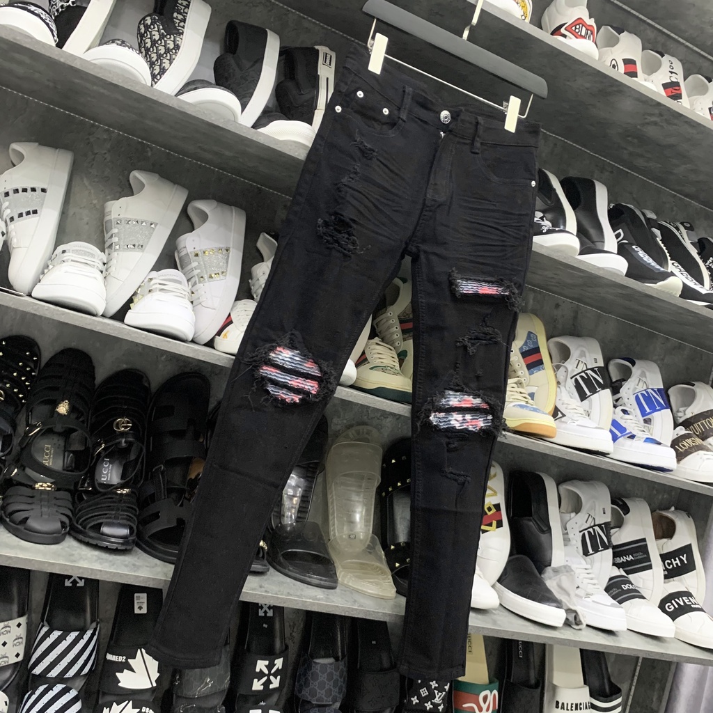 Quần jean bò nam slimfit rách xù đùi gối vá vải nhăn loang hồng xanh chất mềm mịn co giãn cao cấp QJ140P