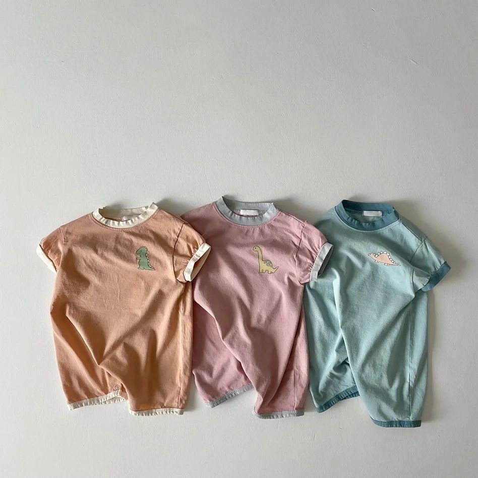 Bộ Áo Liền Quần Tay Ngắn Vải Cotton In Hoạt Hình Khủng Long Dễ Thương Cho Bé Sơ Sinh Từ 0-2 Tuổi