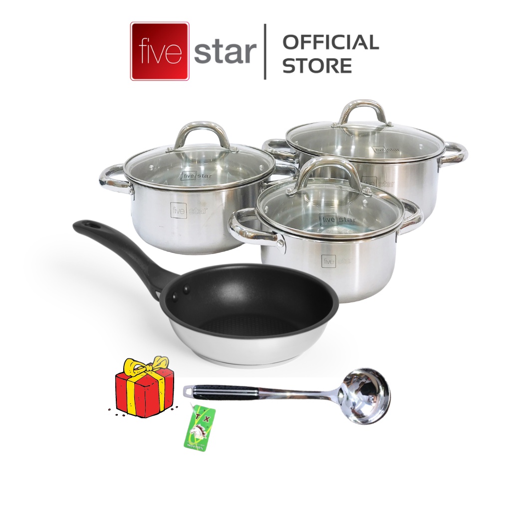 Bộ nồi inox và chảo chống dính cao cấp Fivestar 4 món 3 đáy dùng được mọi bếp , nắp kính ( tặng 1 vá canh )