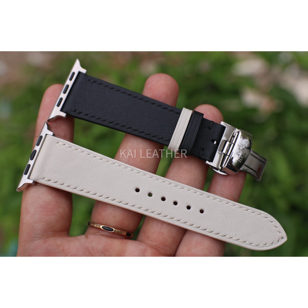 Dây da đồng hồ Apple watch, chất liệu da Swift Pháp - Đen phối trắng - Khâu tay thủ công -Bảo hành 12 tháng