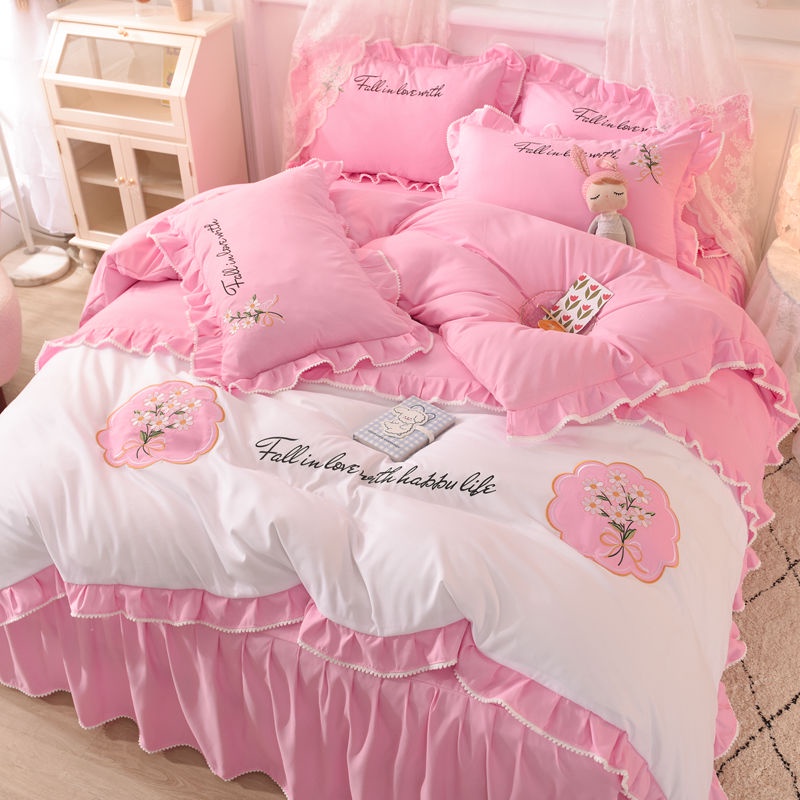 Korean princess style four seasons cotton bed skirt four piece set net red embroidered quilt cover lace bedspread sheet fitted sheet bedspread