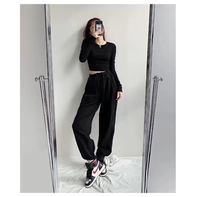 (Kèm video ảnh thật) Quần jogger nữ nỉ ống rộng thể thao Hàn Quốc để suông hoặc rút dây bo gấu vải dày dặn (Q1)