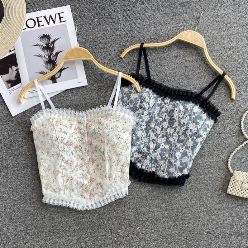 ❤️ Áo 2 Dây Nữ Ren Hoa Tiểu Thư Đính Hạt Viền Bèo, Chun Sau Dáng Croptop Siêu Sang Chảnh Có Mút Ngực 1202 ❤️