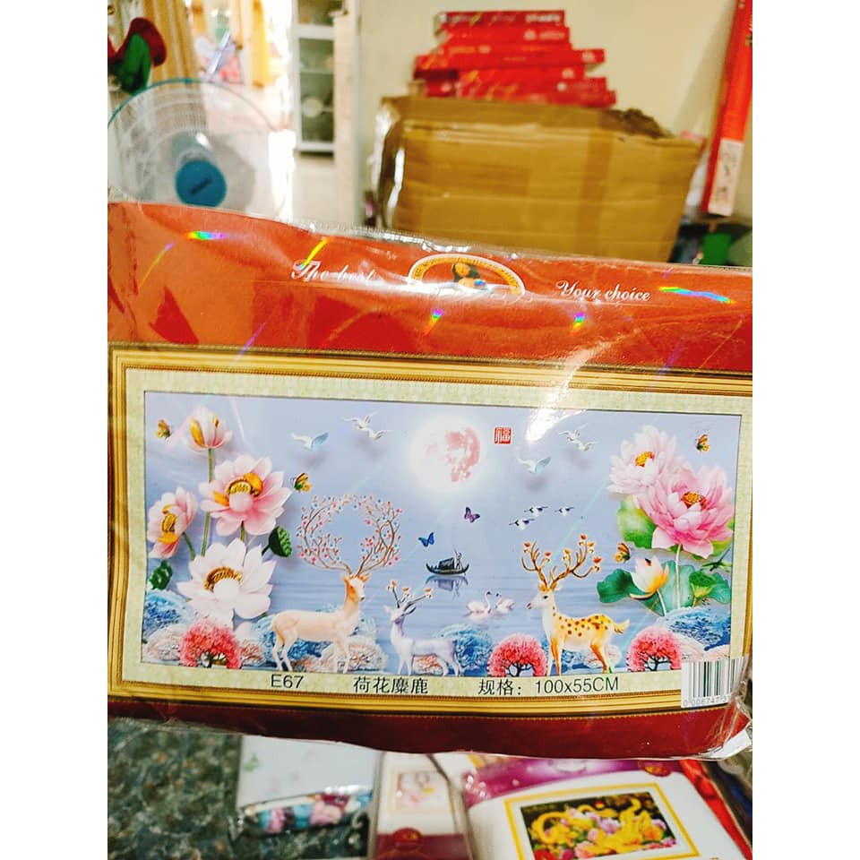 Tranh thêu kín Hươu Tài Lộc Phú Quý E67, E76 (100x55cm) - tranh chưa thêu