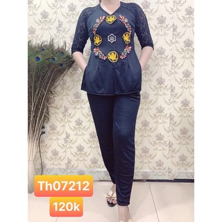 Bộ bà ba tay ren thêu vòng hoa th07212
