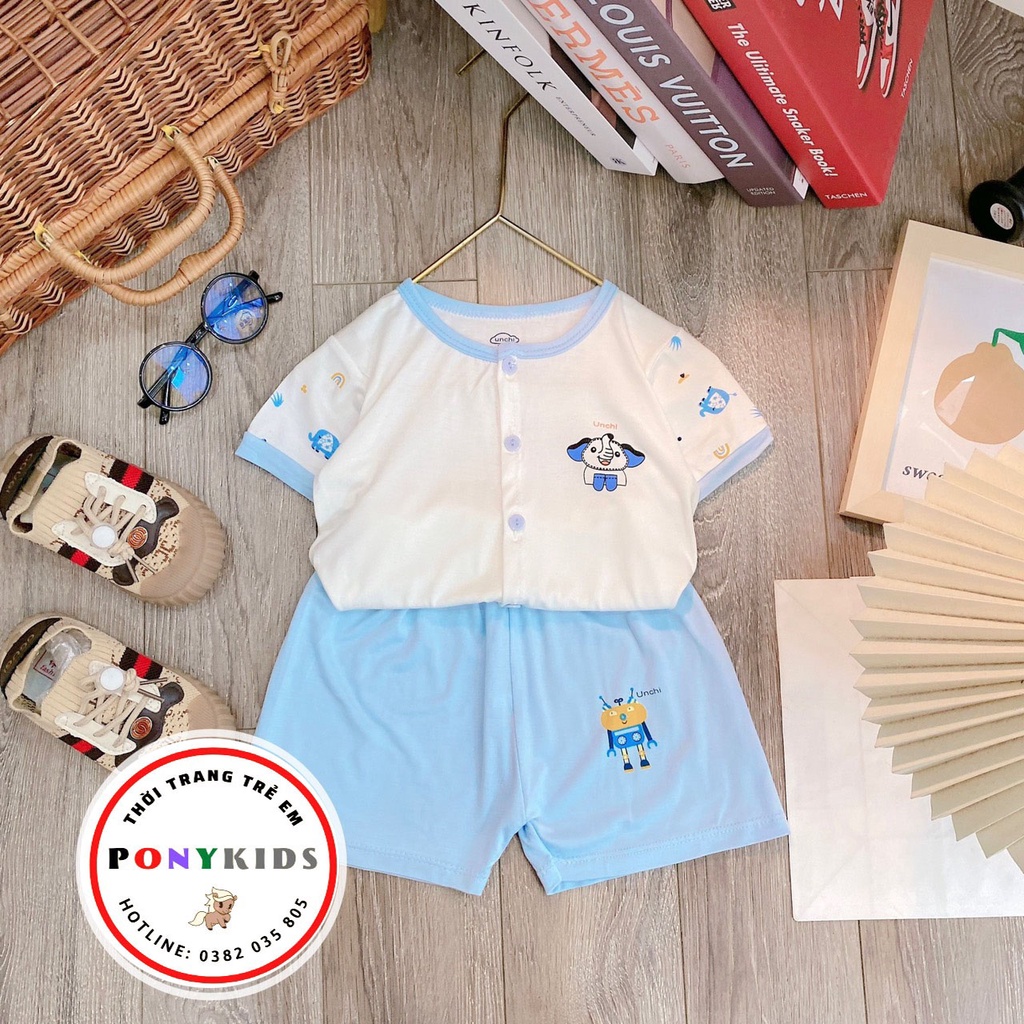 Bộ cộc tay cotton thun lạnh UNCHI cho bé trai bé gái cúc giữa thoáng mát mùa hè