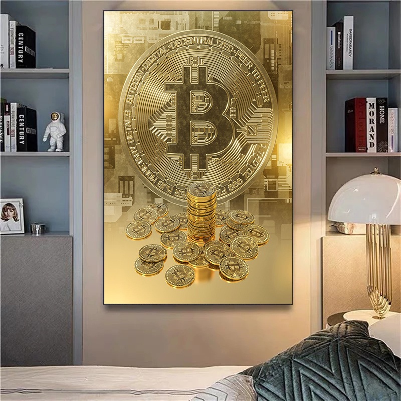 Tranh Vải Bạt Treo Tường In Hình bitcoin Vàng Trừu Tượng Trang Trí Nội Thất Không Khung