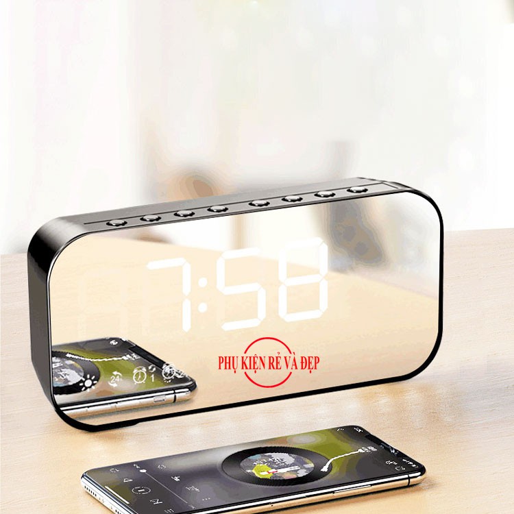 Loa Bluetooth kiêm đồng hồ, nhạc FM, đo nhiệt độ, có khe cắm thẻ nhớ - Loa đồng hồ mặt gương