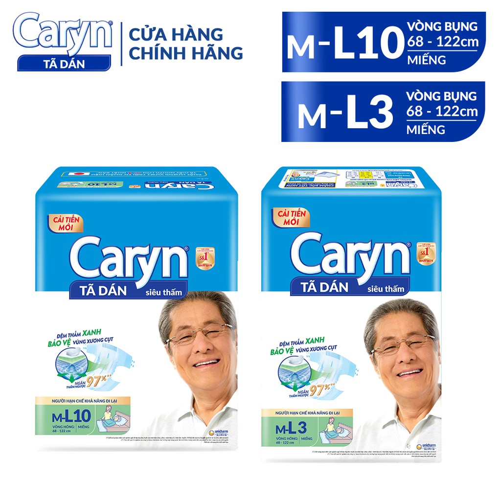 Tã Bỉm Dán Người Lớn Caryn Size ML - 3 Miếng/10 Miếng Dành Cho Người Già Hạn Chế Khả Năng Đi Lại