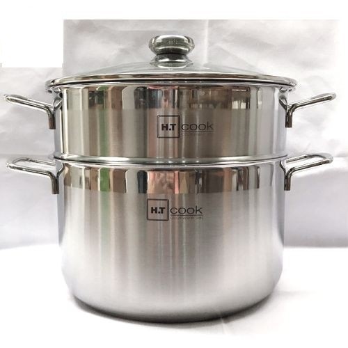 Bộ nồi và xửng hấp inox 430 bếp từ 1 đáy HT COOK 28cm nắp kính dùng được bếp từ